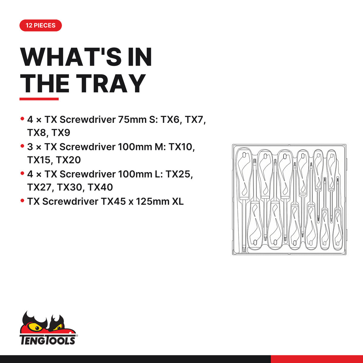 Teng Tools TTD912TXN Screwdriver Set TX TT2 12 Pieces, what's in the tray