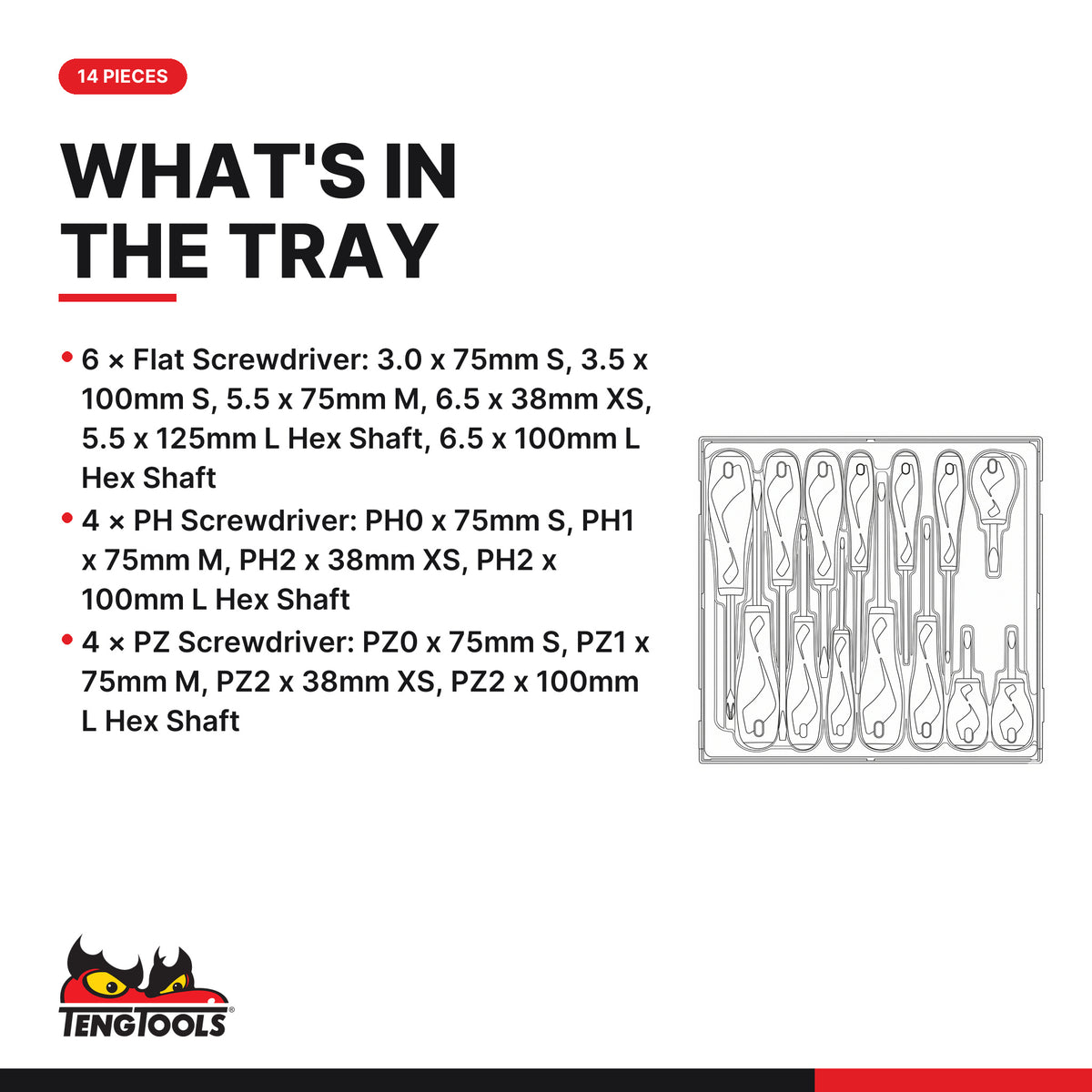 Teng Tools TTD914N Screwdriver Set Mixed TT2 14 Pieces, what's in the tray