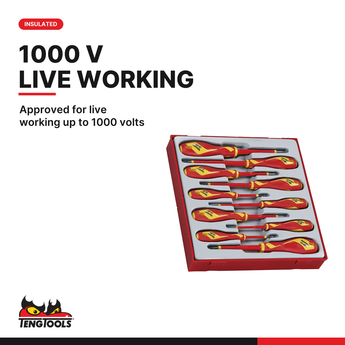 Teng Tools TTDV910N Insulated Screwdriver Set Mixed TT2 10 Pieces, approved for live working up to 1000 volts