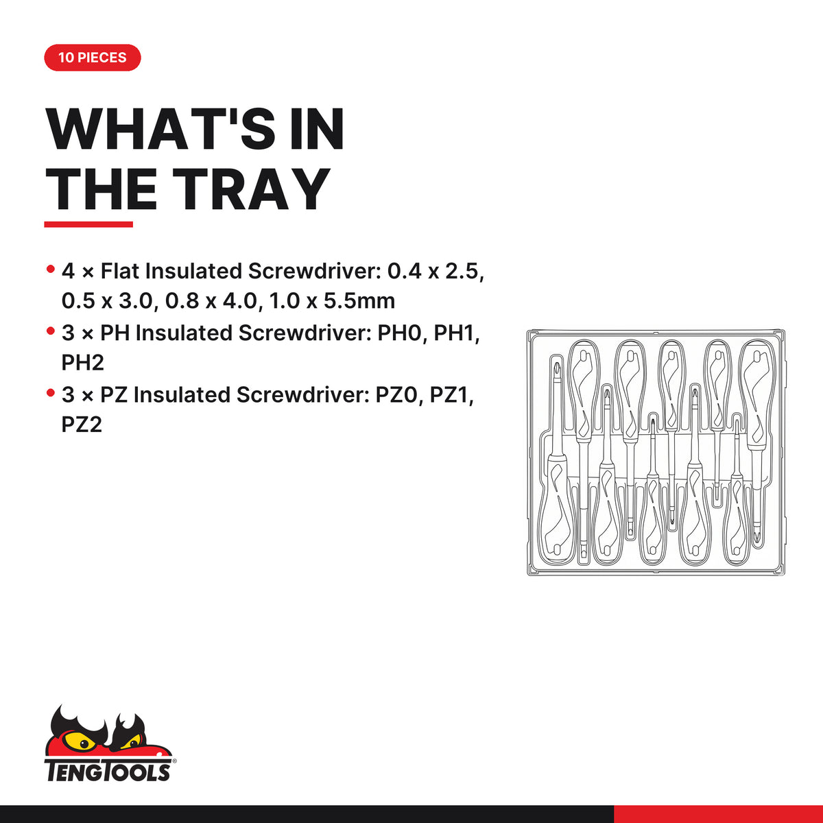 Teng Tools TTDV910N Insulated Screwdriver Set Mixed TT2 10 Pieces, what's in the tray
