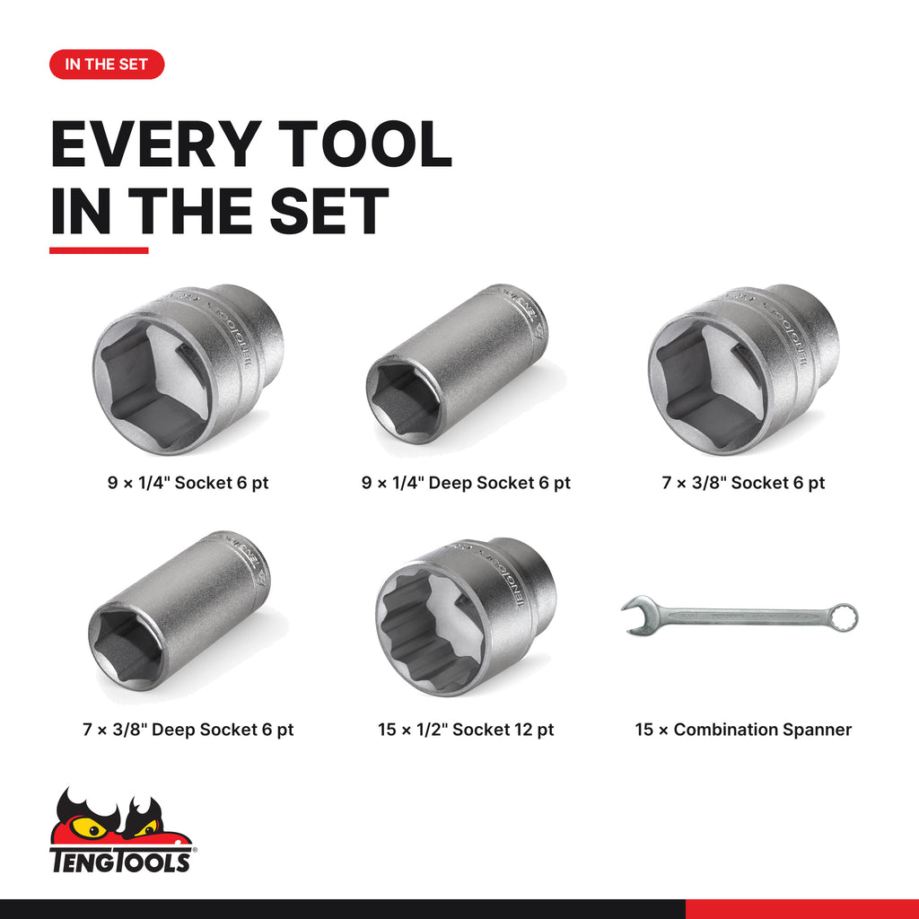 Teng Tools TTEAF62 Socket & Combination Spanner Set AF FOAM4X4 62 Pieces, every tool in the set