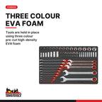 Teng Tools TTEAF62 Socket & Combination Spanner Set AF FOAM4X4 62 Pieces, tools are held in place using three colour pre-cut 