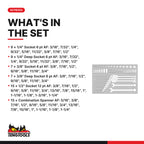 Teng Tools TTEAF62 Socket & Combination Spanner Set AF FOAM4X4 62 Pieces, what's in the tray