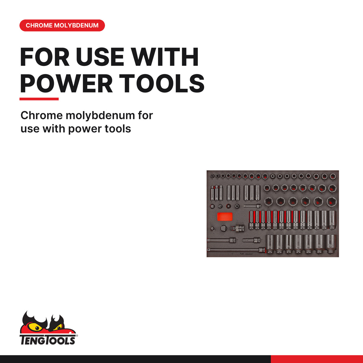Teng Tools TTEISK73 3/8" & 1/2" Impact Socket Set FOAM4X4 73 Pieces, chrome molybdenum for use with power tools