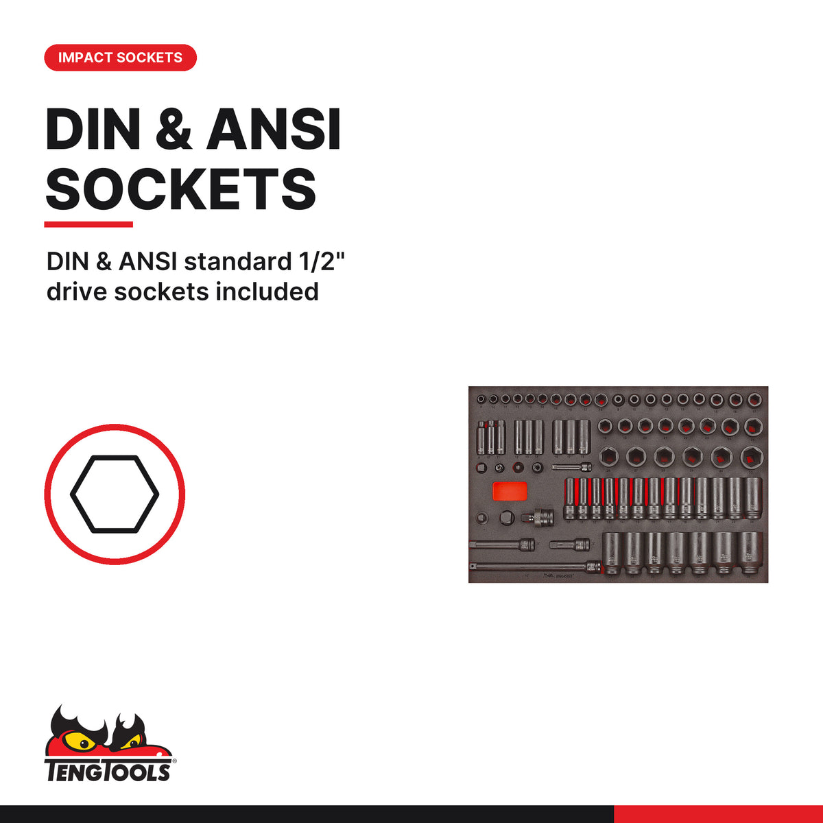 Teng Tools TTEISK73 3/8" & 1/2" Impact Socket Set FOAM4X4 73 Pieces, DIN & ANSI standard 1/2" drive sockets included