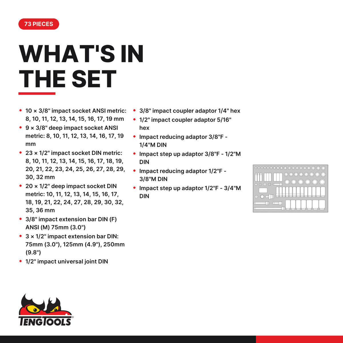 Teng Tools TTEISK73 3/8" & 1/2" Impact Socket Set FOAM4X4 73 Pieces, what's in the set