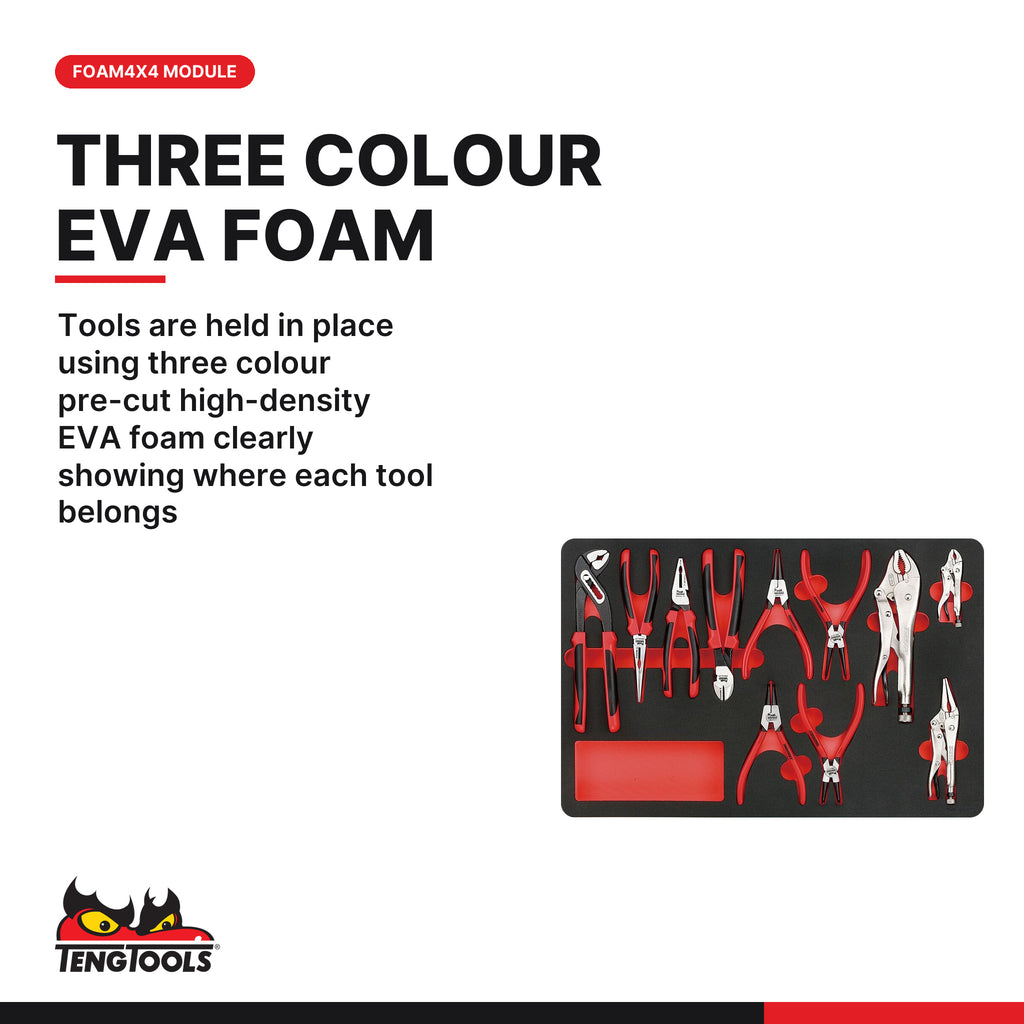 Teng Tools TTEMB11 Plier Set FOAM4X4 11 Pieces, tools are held in place using three colour pre-cut high-density EVA foam