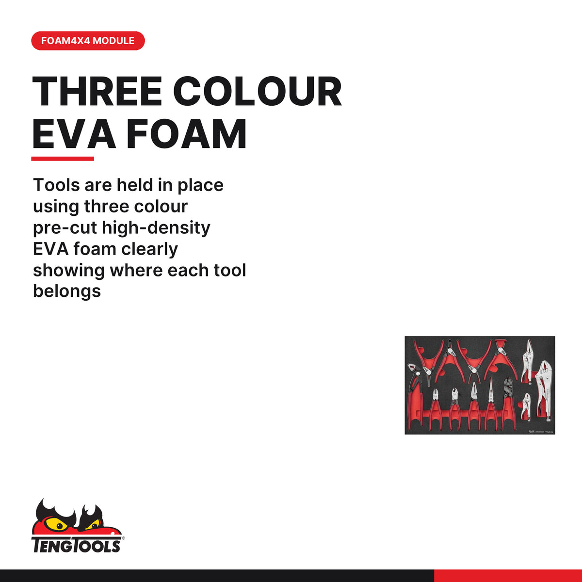 Teng Tools TTEMB13Q Plier Set Q FOAM4X4 13 Pieces, tools are held in place using three colour pre-cut high-density EVA foam