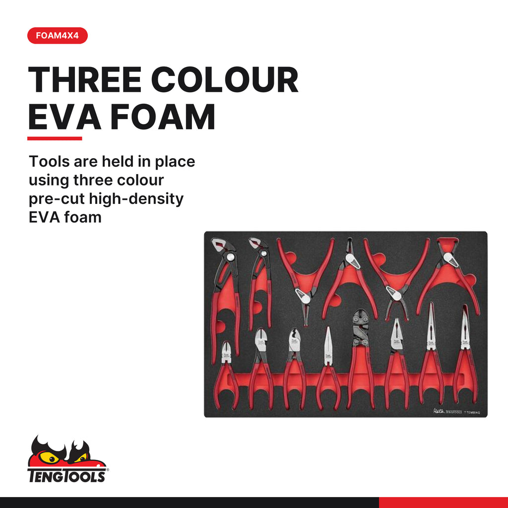 Teng Tools TTEMB14Q Plier Set Vinyl Grip Q FOAM4X4 14 Pieces, tools are held in place using three colour pre-cut high-density