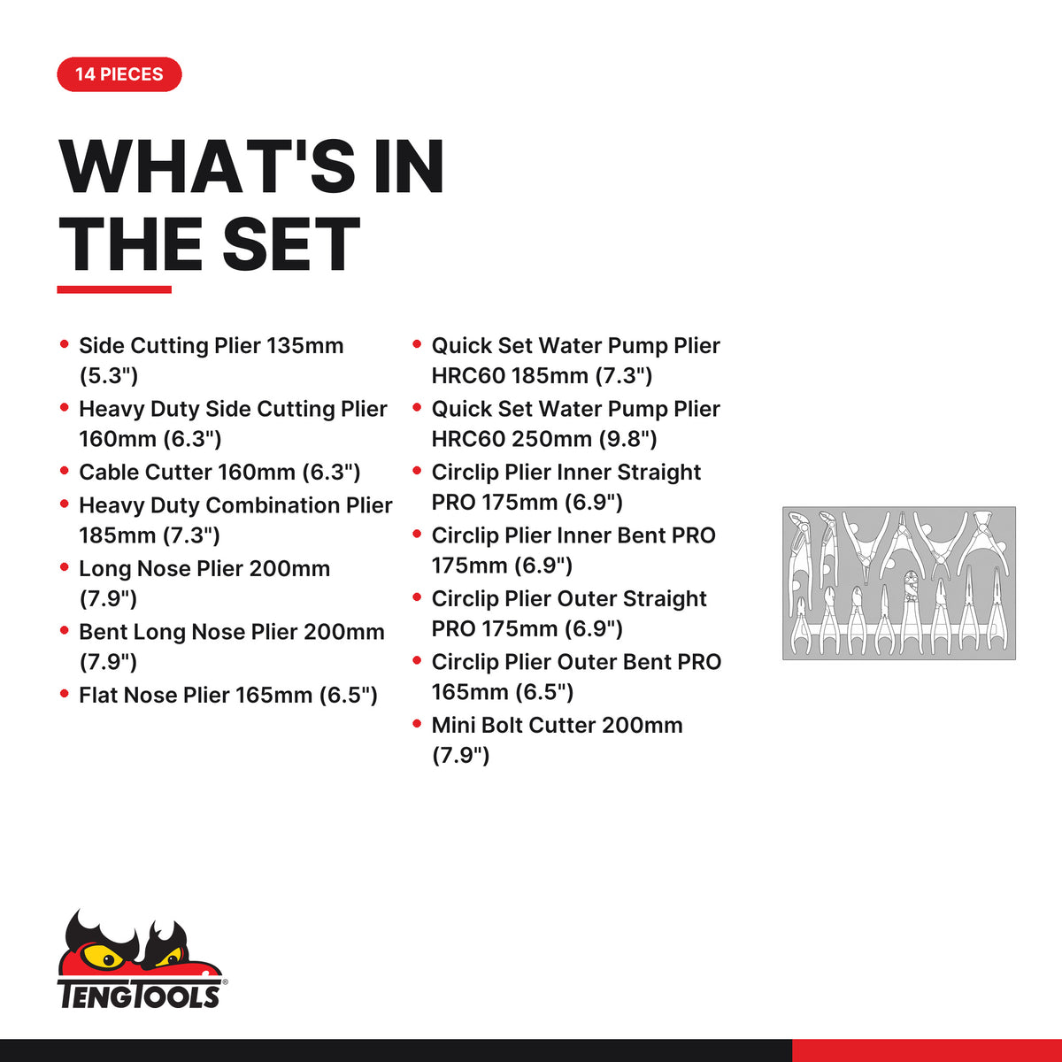 Teng Tools TTEMB14Q Plier Set Vinyl Grip Q FOAM4X4 14 Pieces, what's in the tray