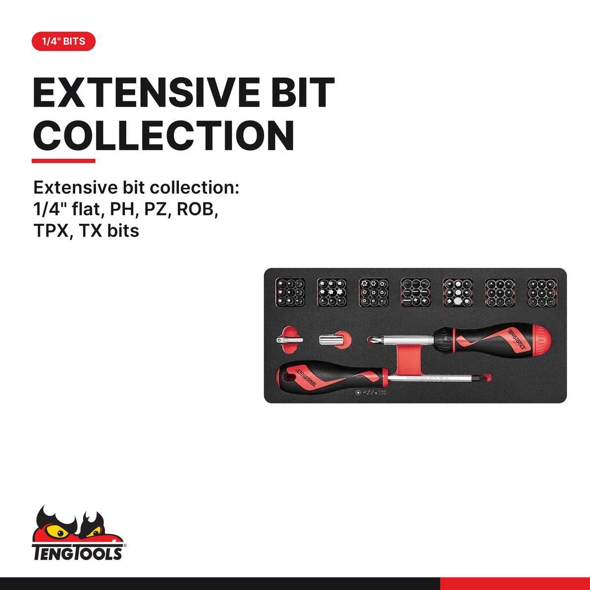 Teng Tools TTEMD114 Screwdriver & plier set FOAM4X4 114 pieces, extensive bit collection: 1/4" flat, PH, PZ, ROB, TPX, TX
