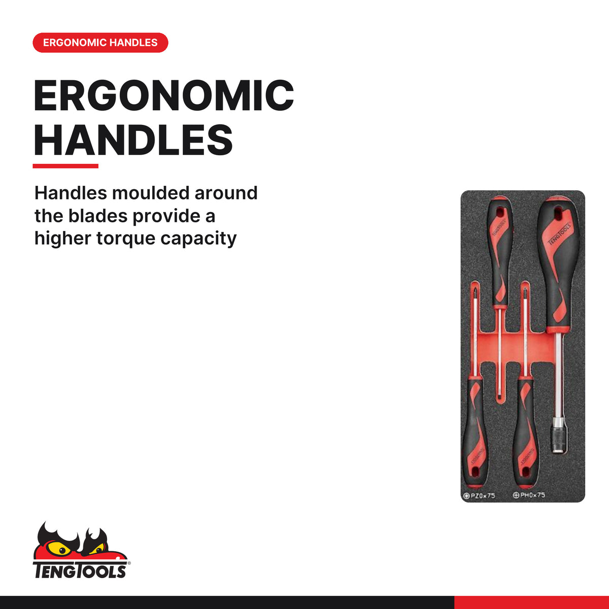 Teng Tools TTEMD115N 115 Piece Screwdriver Set, handles moulded around the blades provide a higher torque capacity