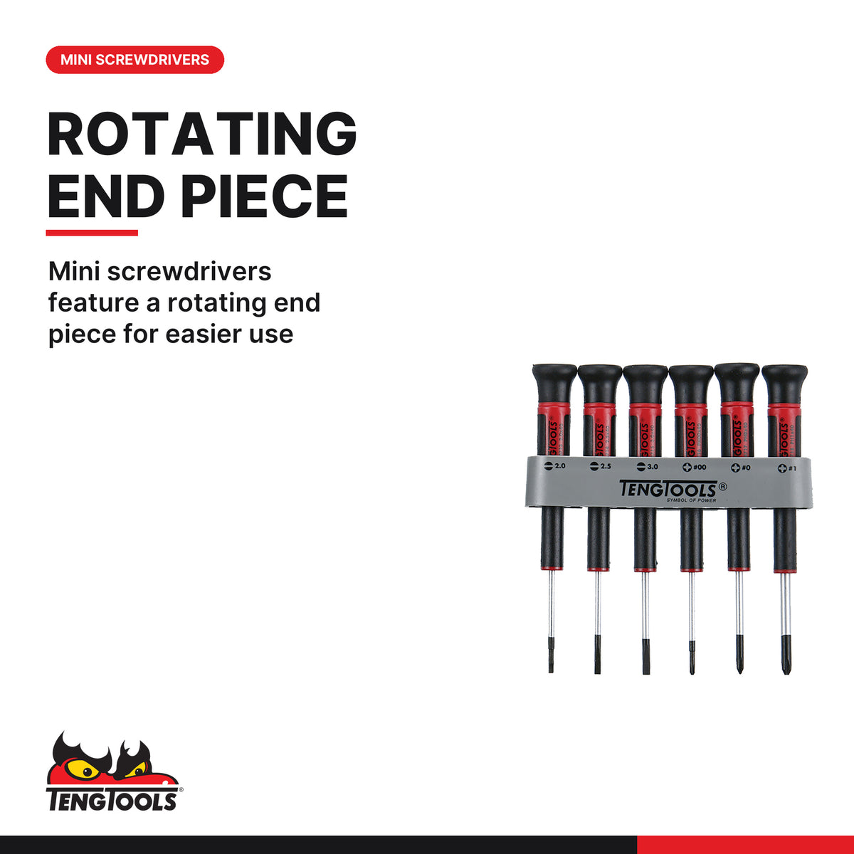 Teng Tools TTEMD98N Screwdriver Set Mixed FOAM4X4 98 Pieces, mini screwdrivers feature a rotating end piece for easier use