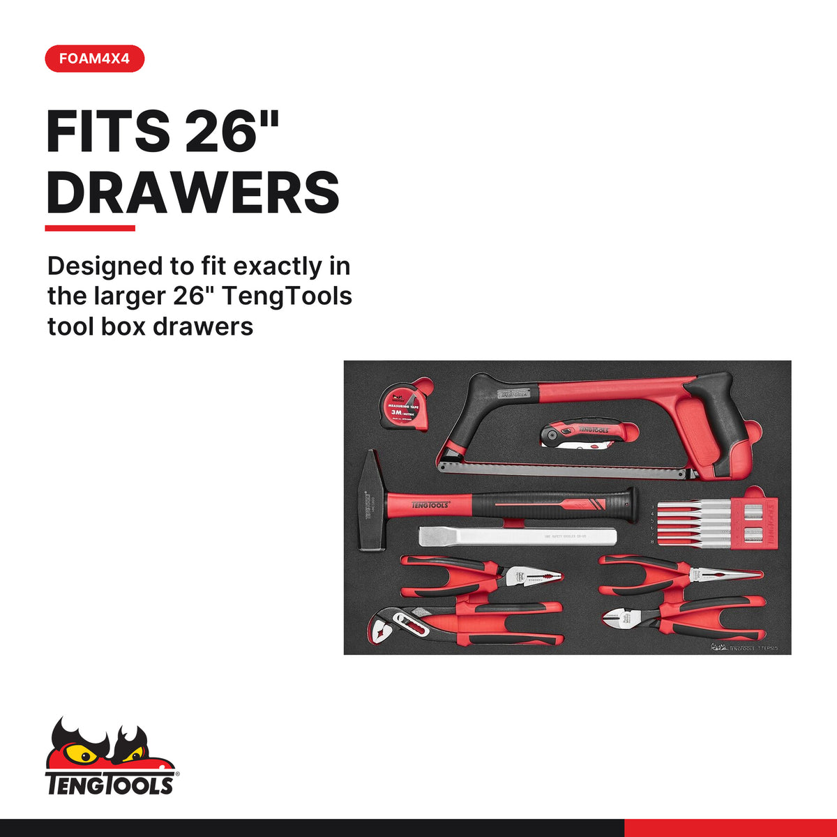 Teng Tools TTEPS15 General Tool Set FOAM4X4 15 Pieces, designed to fit exactly in the larger 26" TengTools tool box drawers