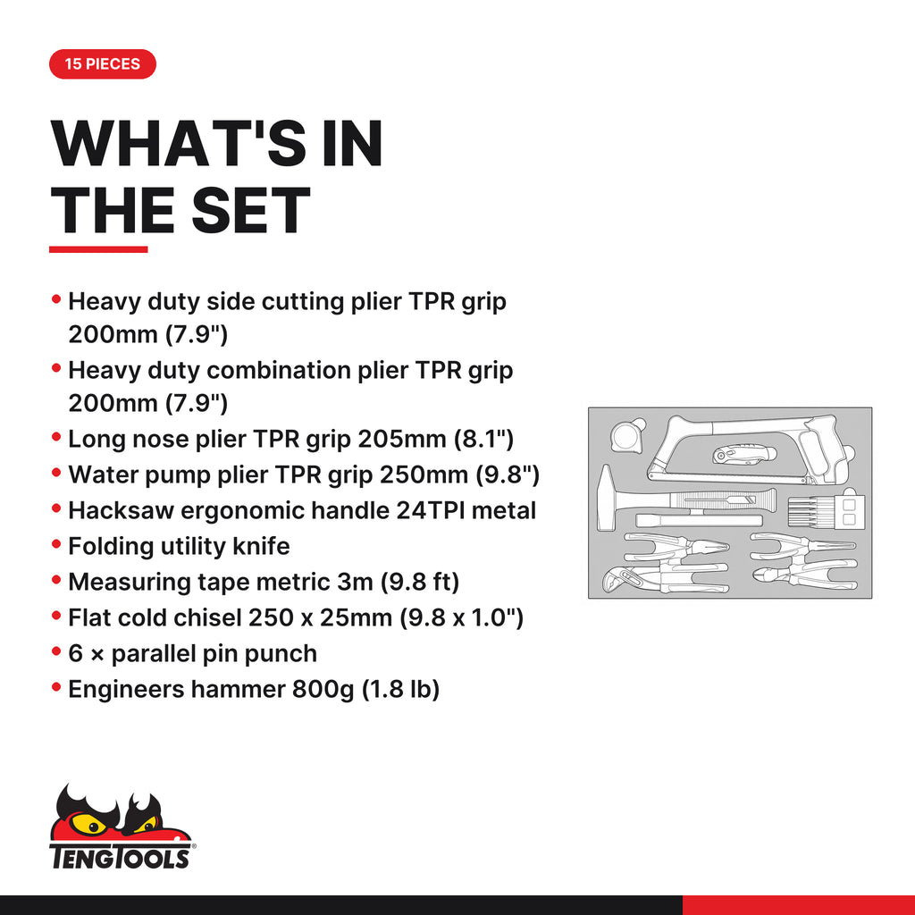 Teng Tools TTEPS15 General Tool Set FOAM4X4 15 Pieces, what's in the tray
