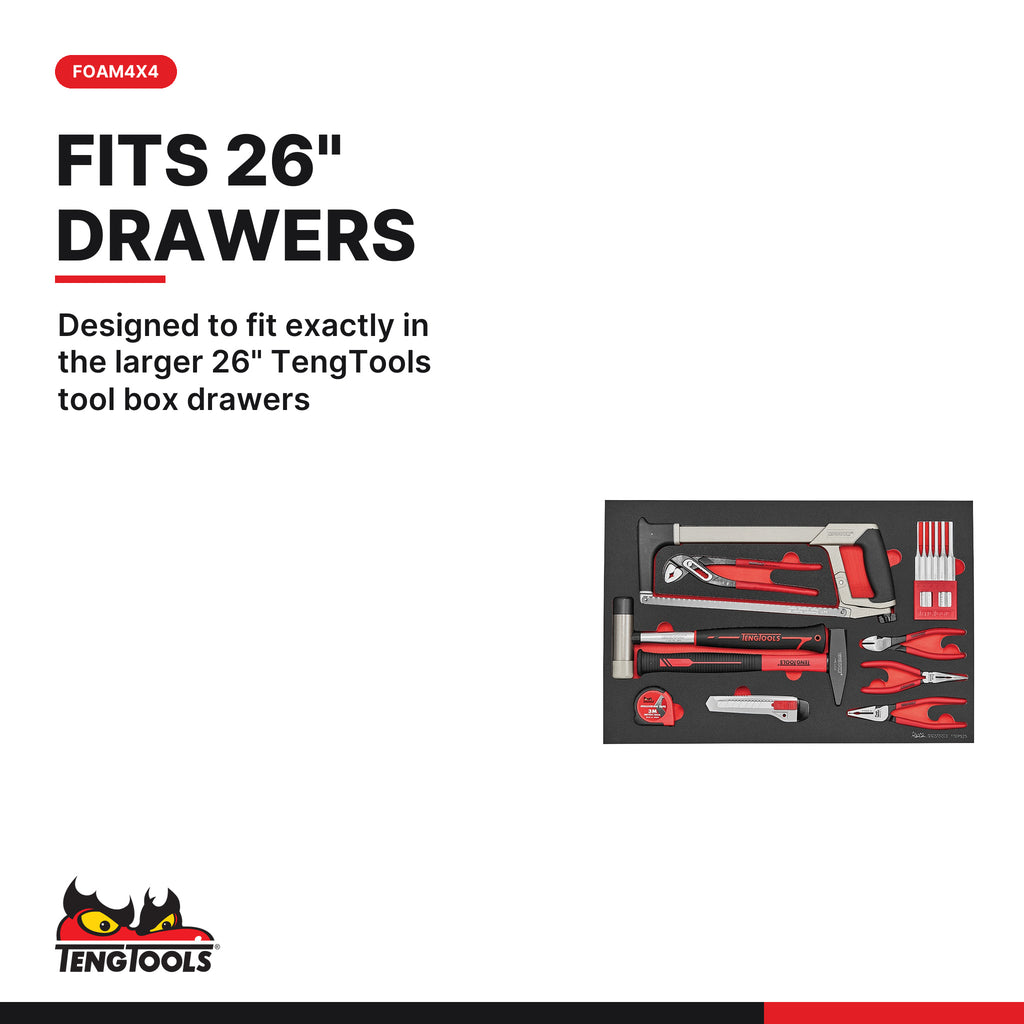 Teng Tools TTEPS25 General Tool Set FOAM4X4 25 Pieces, designed to fit exactly in the larger 26" TengTools tool box drawers