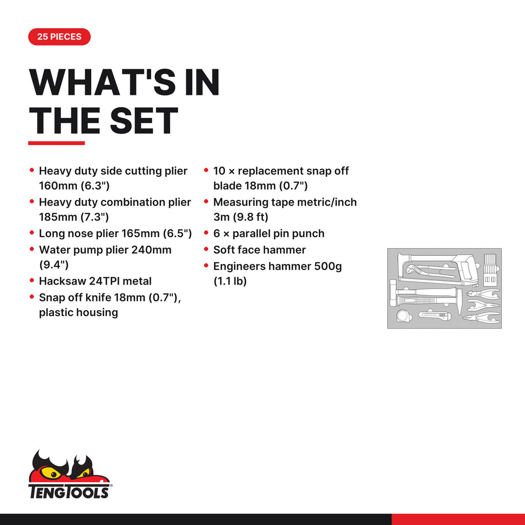 Teng Tools TTEPS25 General Tool Set FOAM4X4 25 Pieces, what's in the tray