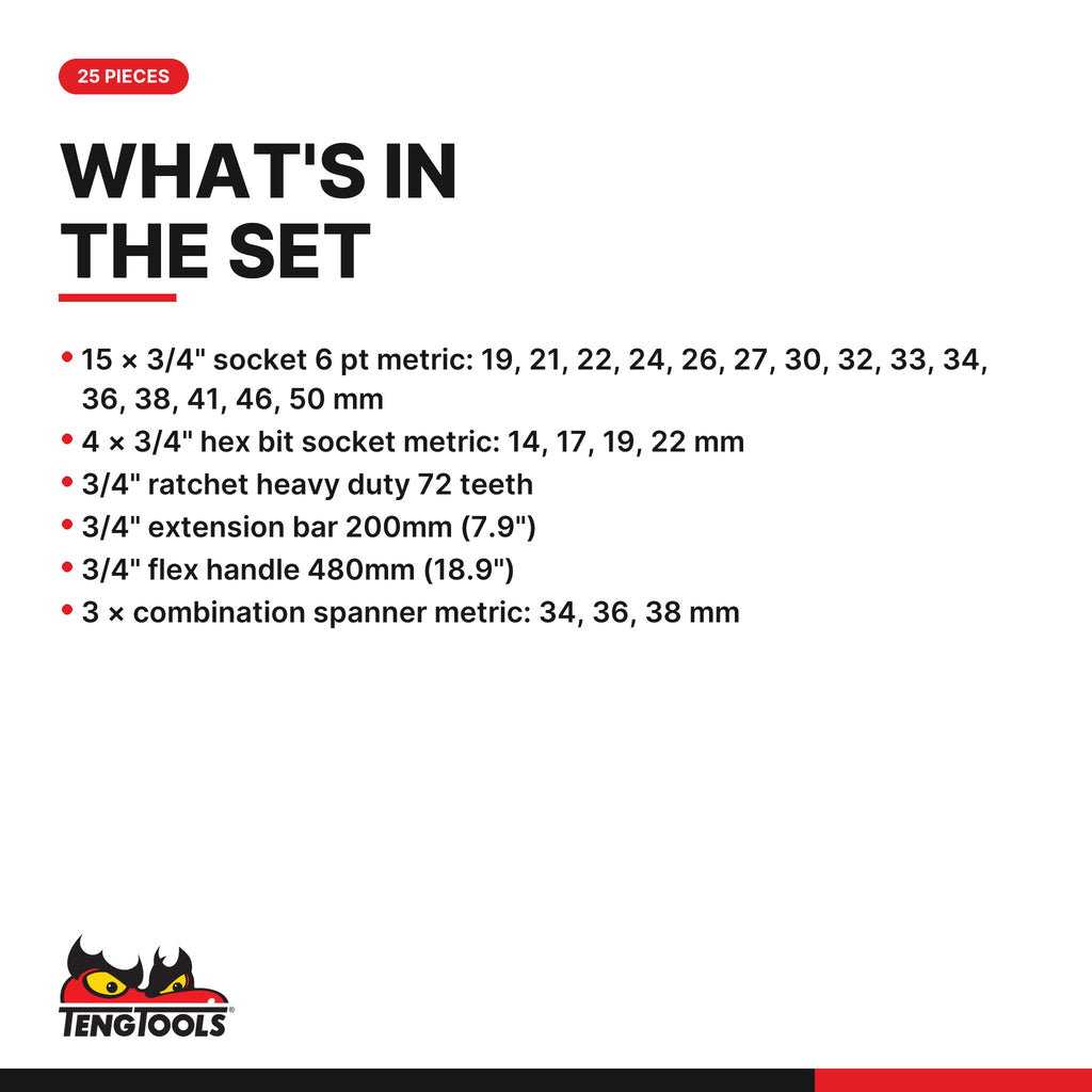 Teng Tools TTESK25 Metric 6-point socket & spanner set FOAM4X4 25 pieces, what's in the set