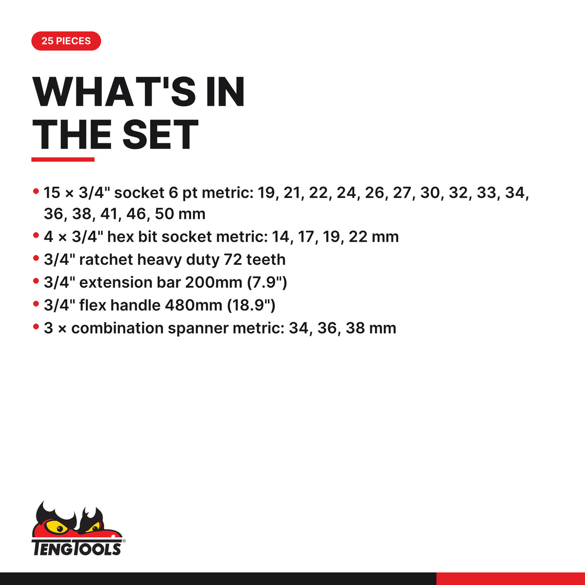 Teng Tools TTESK25 Metric 6-point socket & spanner set FOAM4X4 25 pieces, what's in the set
