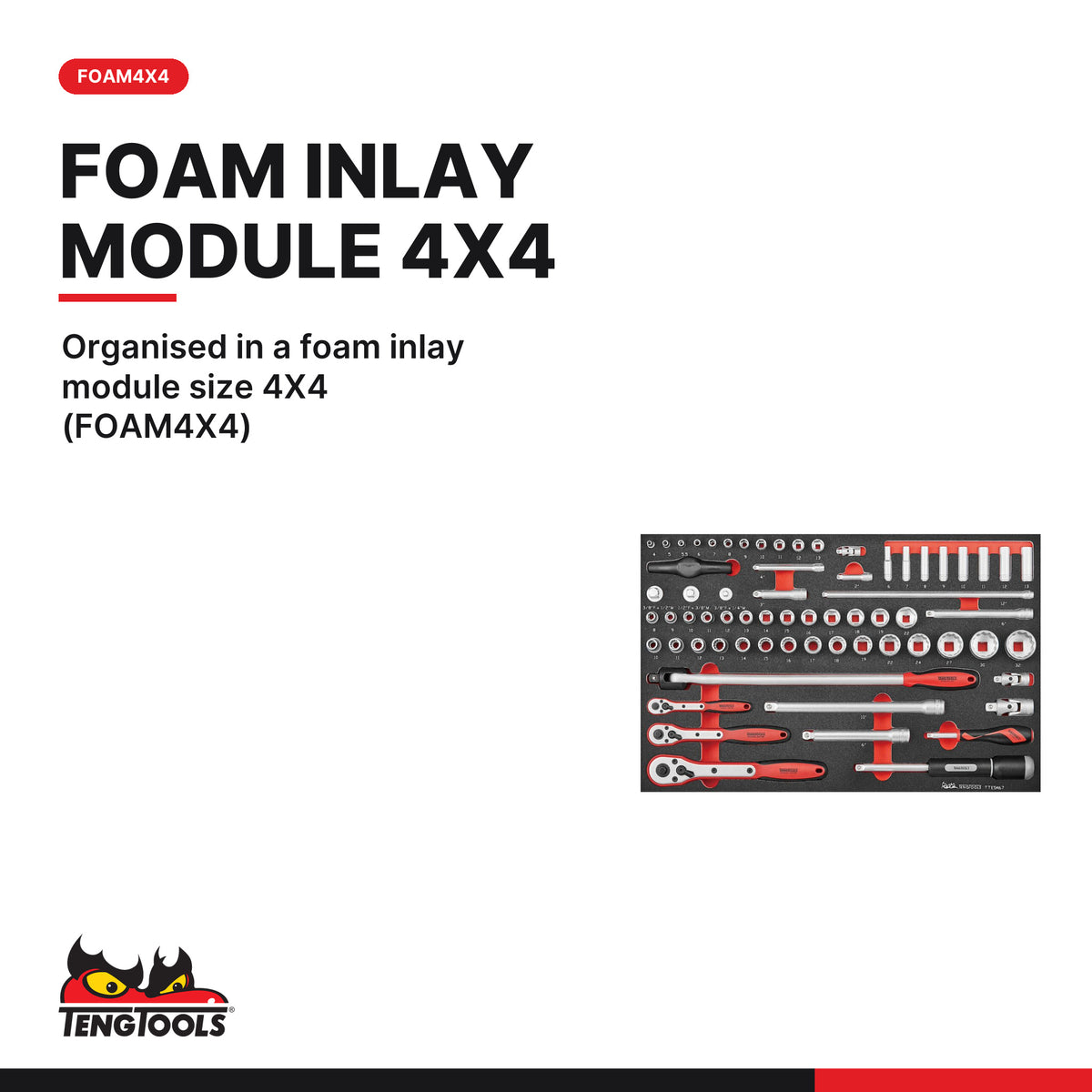 Teng Tools TTESK67 1/4", 3/8" & 1/2" drive metric socket set FOAM4X4 67, organised in a foam inlay module size 4X4 (FOAM4X4)
