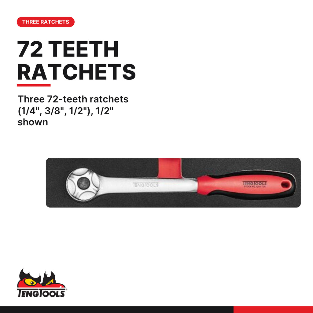 Teng Tools TTESK73 1/4″, 3/8″ & 1/2″ Socket set FOAM4X4 73 pieces, three 72-teeth ratchets (1/4", 3/8", 1/2"), 1/2" shown