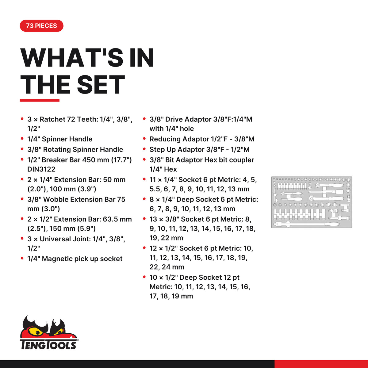 Teng Tools TTESK73 1/4″, 3/8″ & 1/2″ Socket set FOAM4X4 73 pieces, what's in the tray