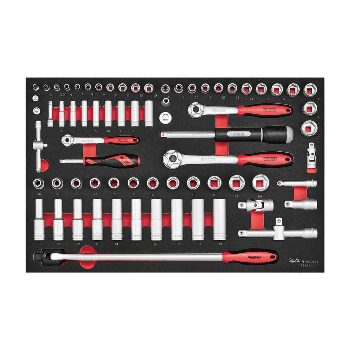 Teng Tools TTESK73 1/4″, 3/8″ & 1/2″ Socket set FOAM4X4 73 pieces on a white background