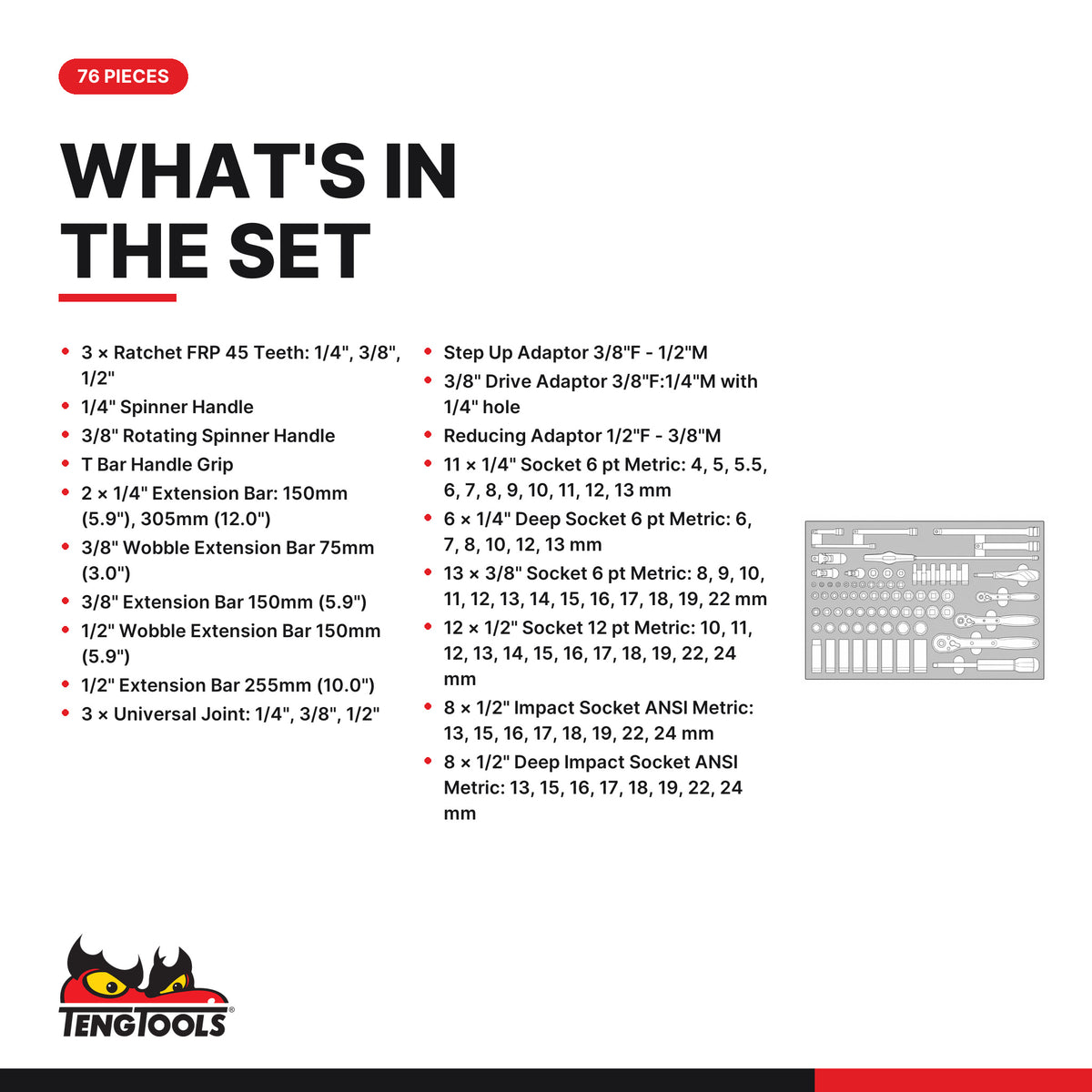 Teng Tools TTESK77 1/4", 3/8" & 1/2" Socket Set FOAM4X4 76 Pieces, what's in the tray