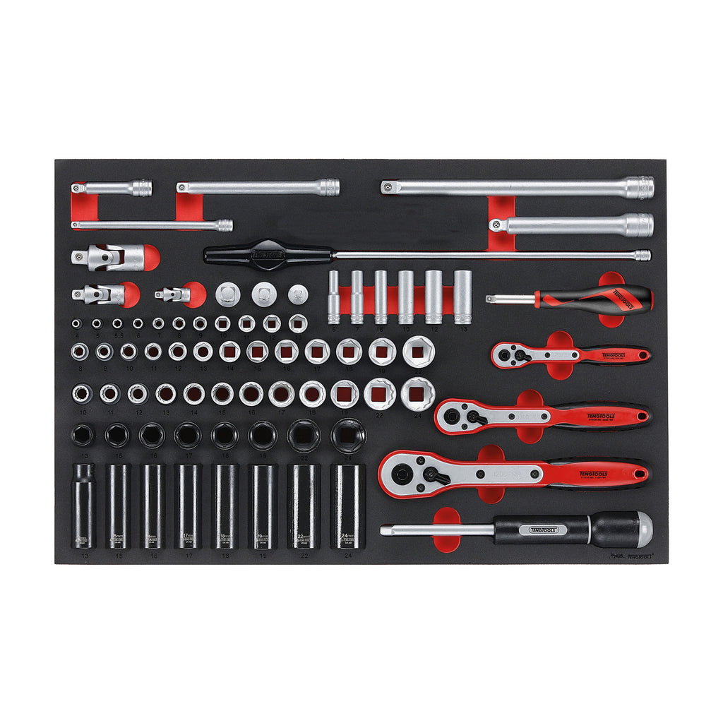 Teng Tools TTESK77 1/4", 3/8" & 1/2" Socket Set FOAM4X4 76 Pieces on a white background