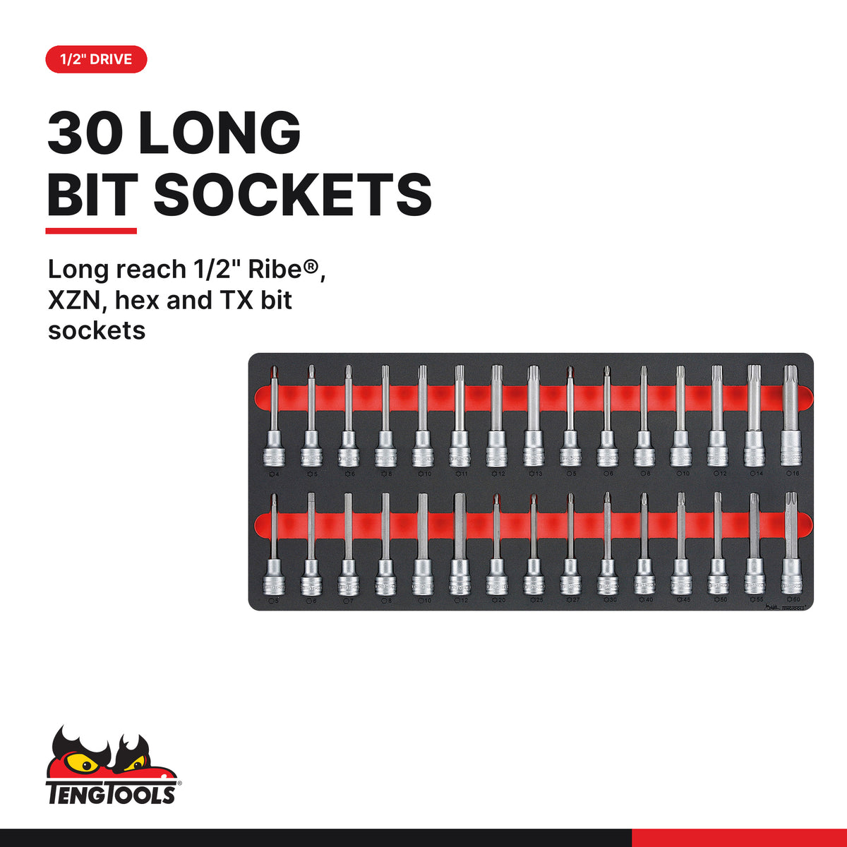 Teng Tools TTESK85 1/4", 3/8" & 1/2" Socket Set FOAM4X4 85 Pieces, long reach 1/2" ribe®, xzn, hex and tx bit sockets