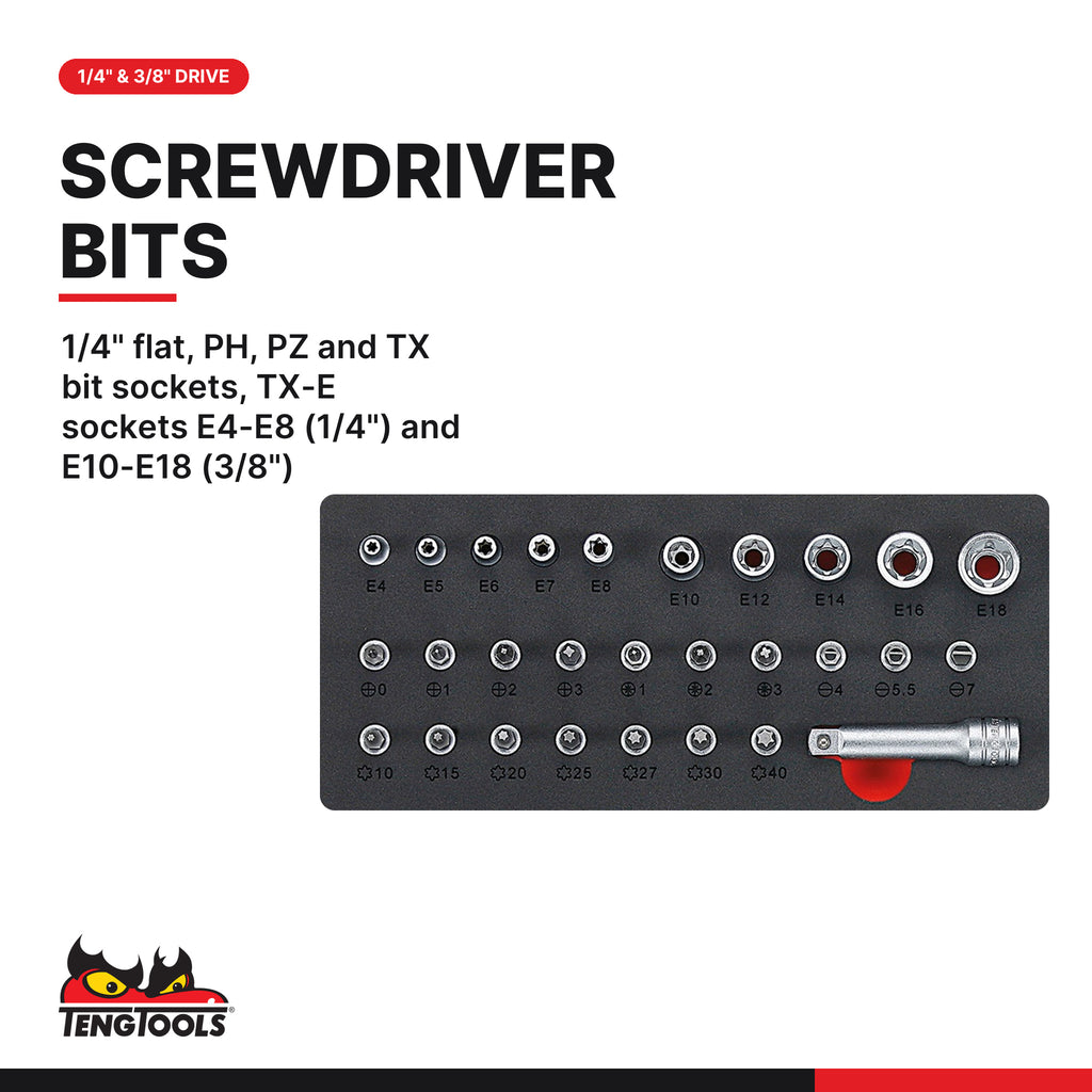 Teng Tools TTESK85 1/4", 3/8" & 1/2" Socket Set FOAM4X4 85 Pieces, 1/4" flat, ph, pz and tx bit sockets, tx-e sockets e4-e8 (