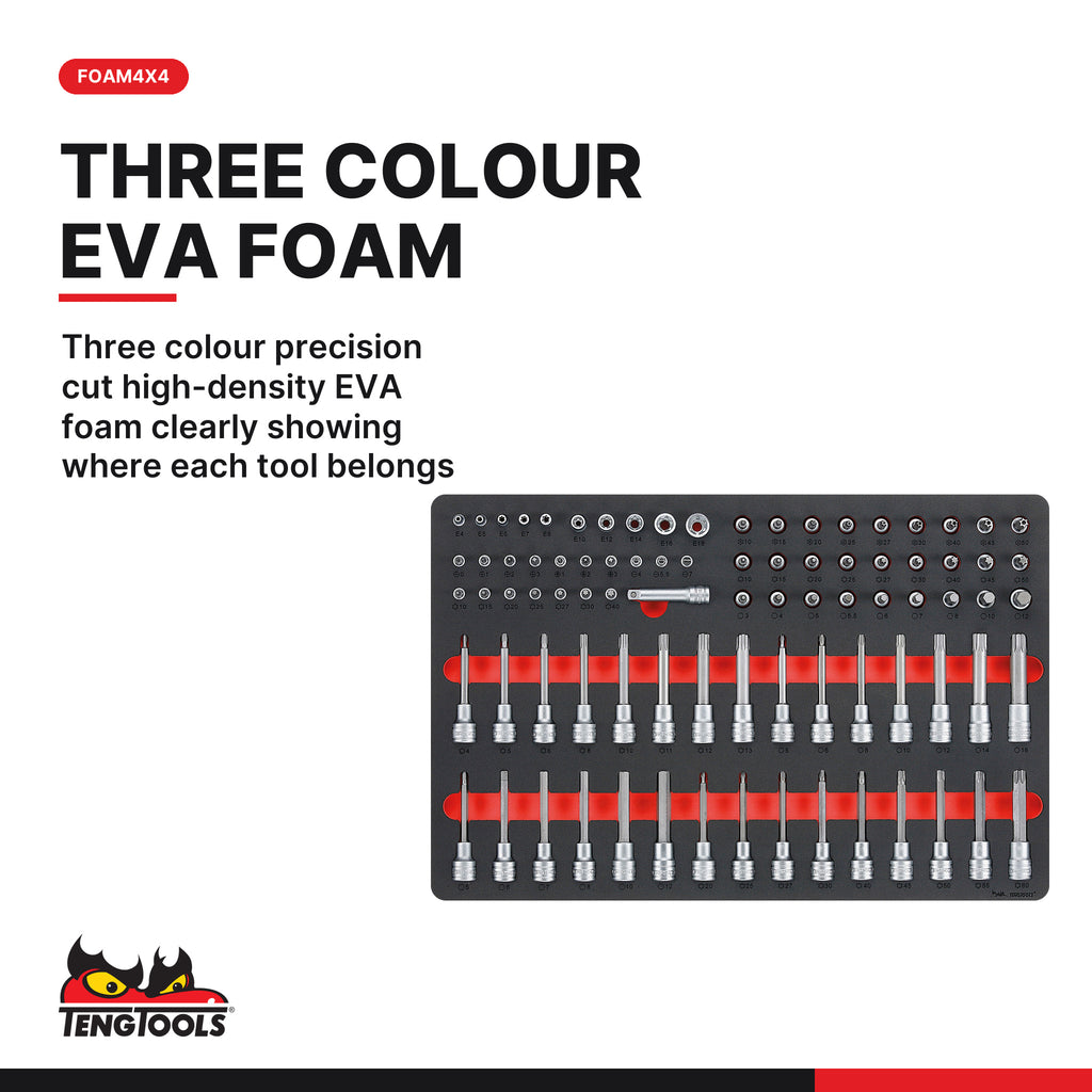 Teng Tools TTESK85 1/4", 3/8" & 1/2" Socket Set FOAM4X4 85 Pieces, three colour precision cut high-density eva foam clearly s