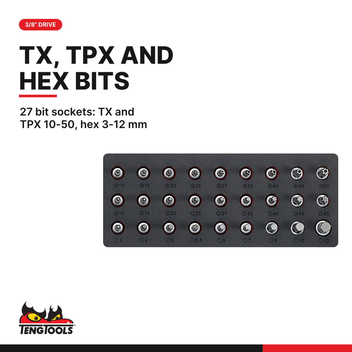 Teng Tools TTESK85 1/4", 3/8" & 1/2" Socket Set FOAM4X4 85 Pieces, 27 bit sockets: tx and tpx 10-50, hex 3-12 mm