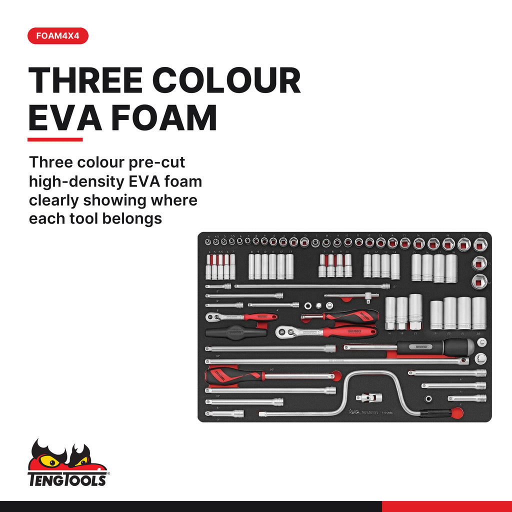 Teng Tools TTESK86 1/4" & 3/8" Socket Set FOAM4X4 86 Pieces, three colour pre-cut high-density EVA foam clearly showing