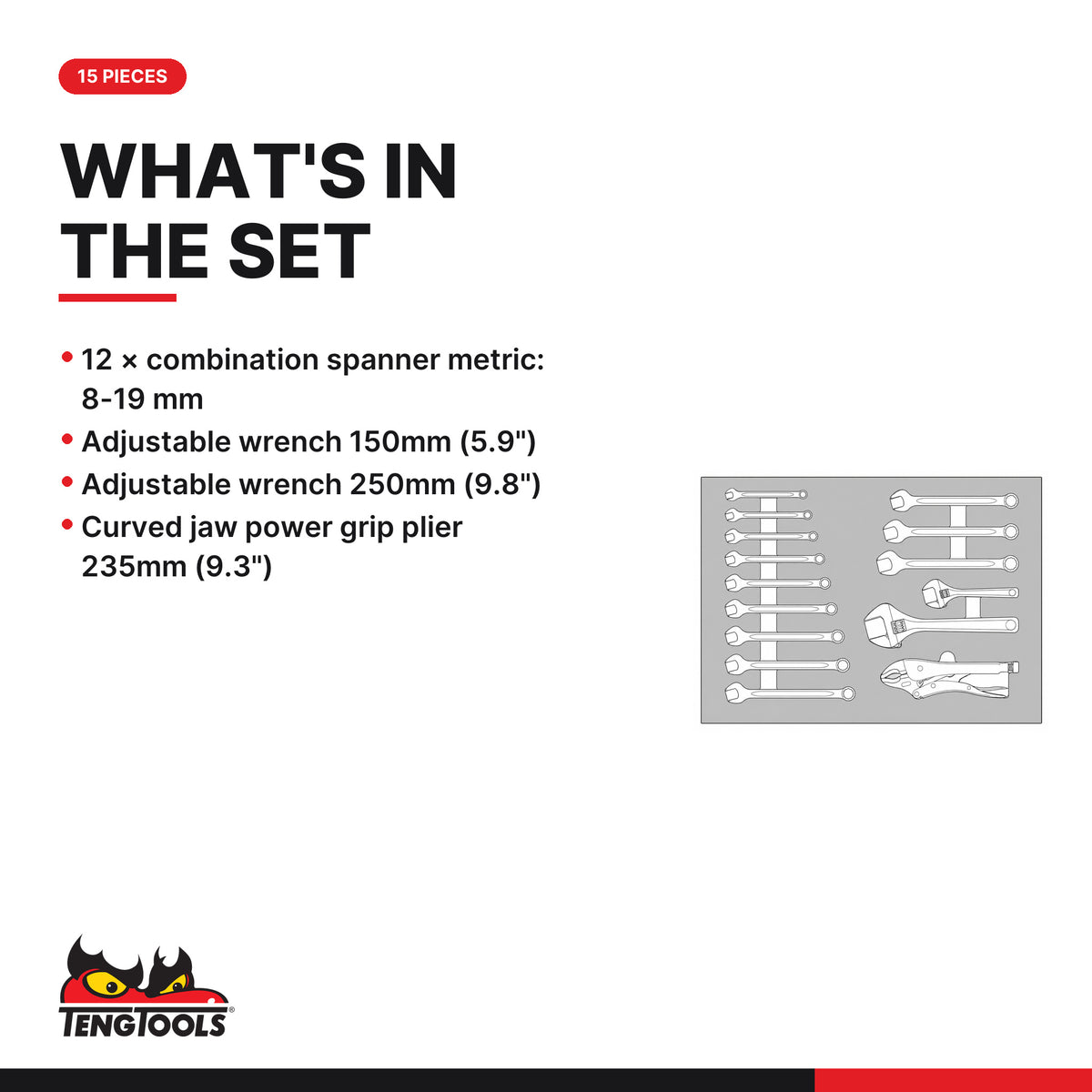 Teng Tools TTESP15 Spanner set FOAM4X4 15 pieces, what's in the tray