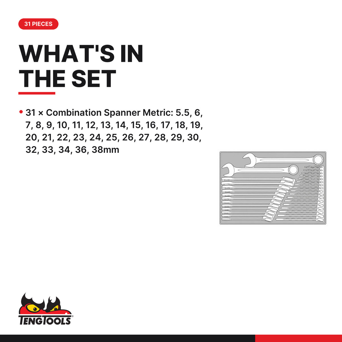 Teng Tools TTESP31 Combination Spanner Set FOAM4X4 31 Pieces, what's in the tray