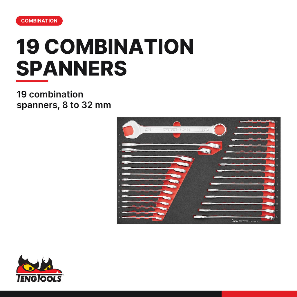 Teng Tools TTESP31A Metric combination & ratcheting spanner set FOAM4X4 31 pieces, 19 combination spanners, 8 to 32 mm