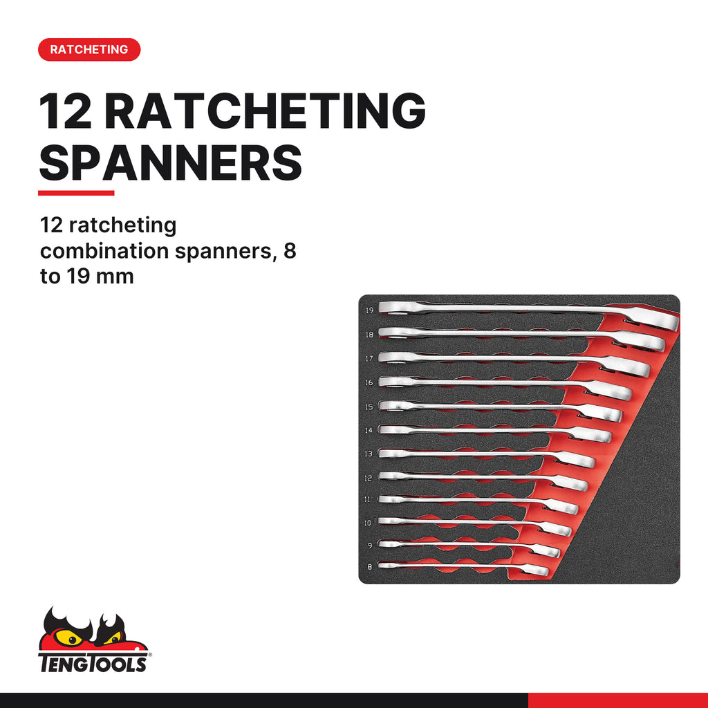 Teng Tools TTESP31A Metric combination & ratcheting spanner set FOAM4X4 31 pieces, 12 ratcheting combination spanners, 8 to 1