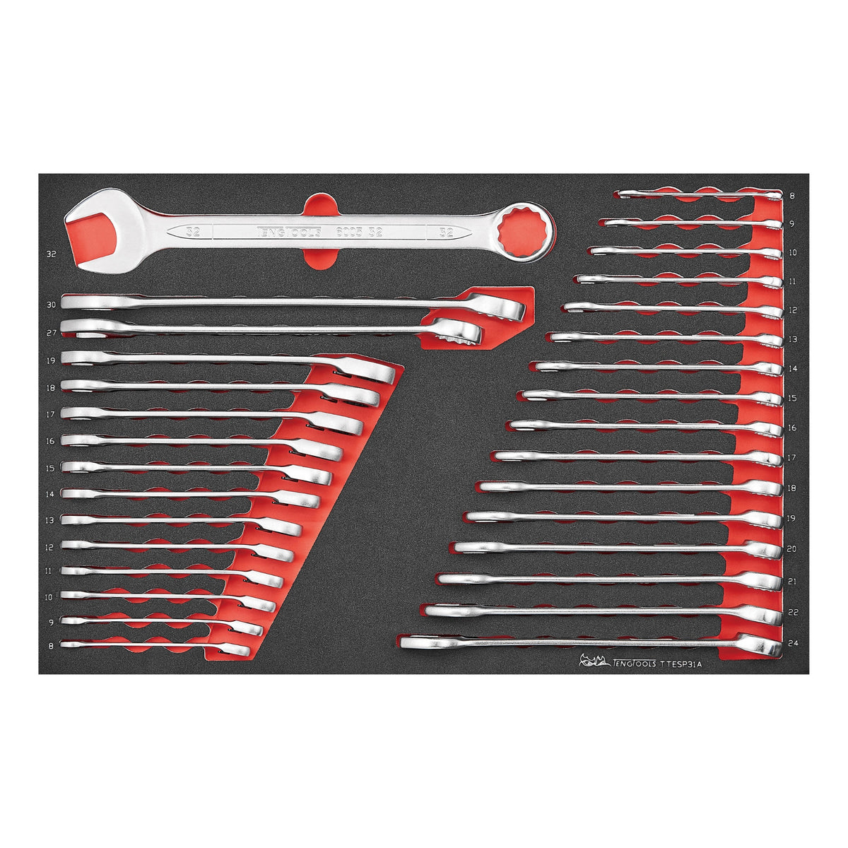 Teng Tools TTESP31A Metric combination & ratcheting spanner set FOAM4X4 31 pieces on a white background