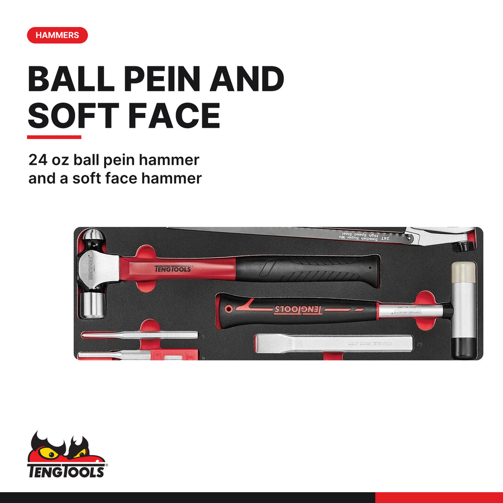 Teng Tools TTEX15 General tool set FOAM4X4 15 pieces, 24 oz ball pein hammer and a soft face hammer