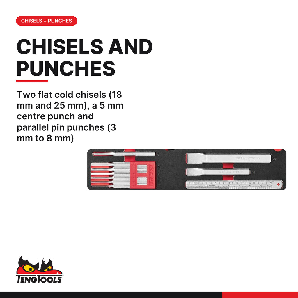 Teng Tools TTEX15 General tool set FOAM4X4 15 pieces, two flat cold chisels (18 mm and 25 mm), a 5 mm centre punch and parall