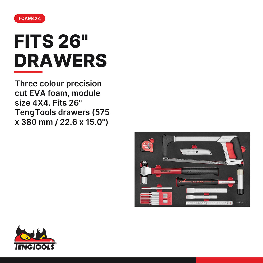Teng Tools TTEX15 General tool set FOAM4X4 15 pieces, three colour precision cut eva foam, module size 4x4. fits 26" tengtool