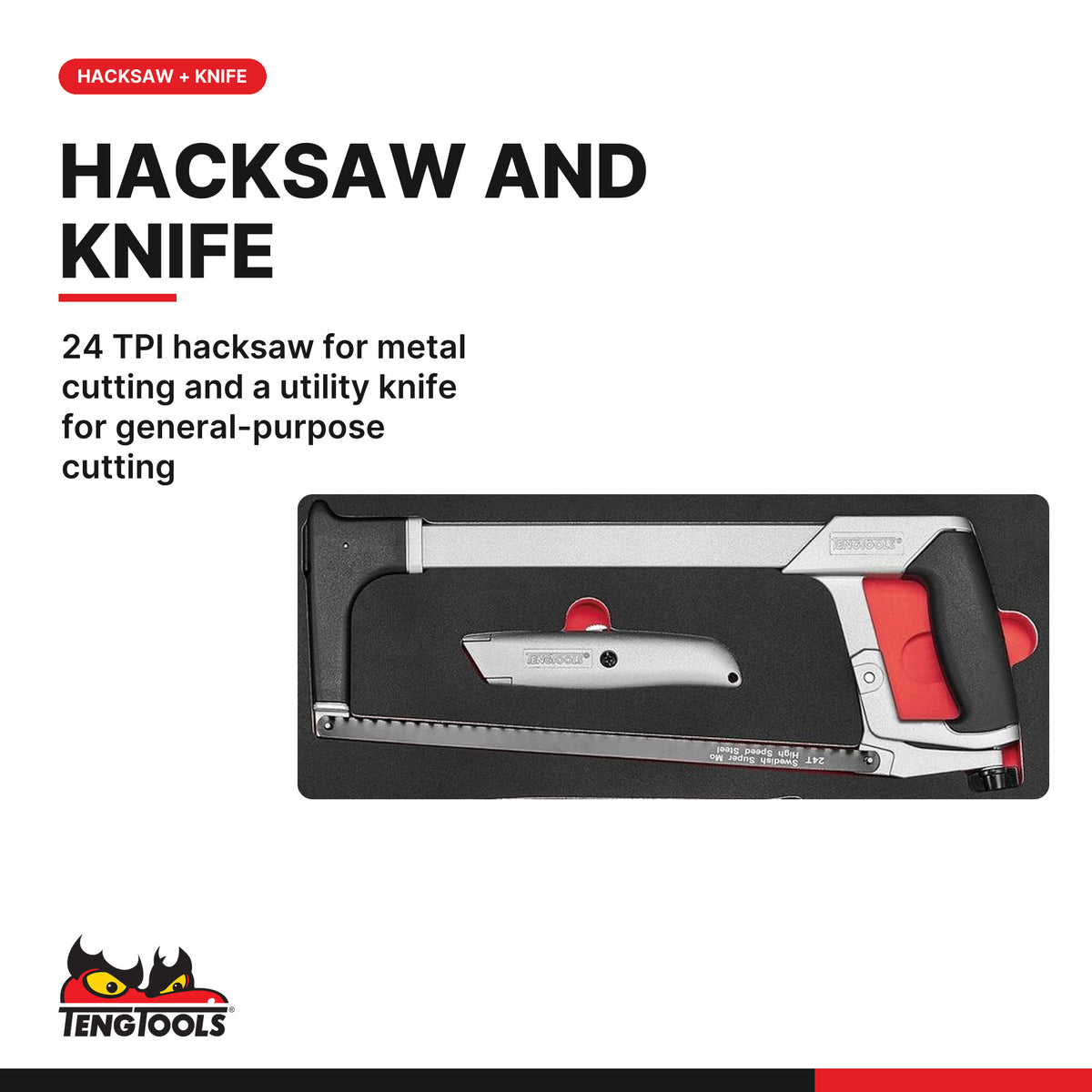 Teng Tools TTEX15 General tool set FOAM4X4 15 pieces, 24 tpi hacksaw for metal cutting and a utility knife for general-purpos