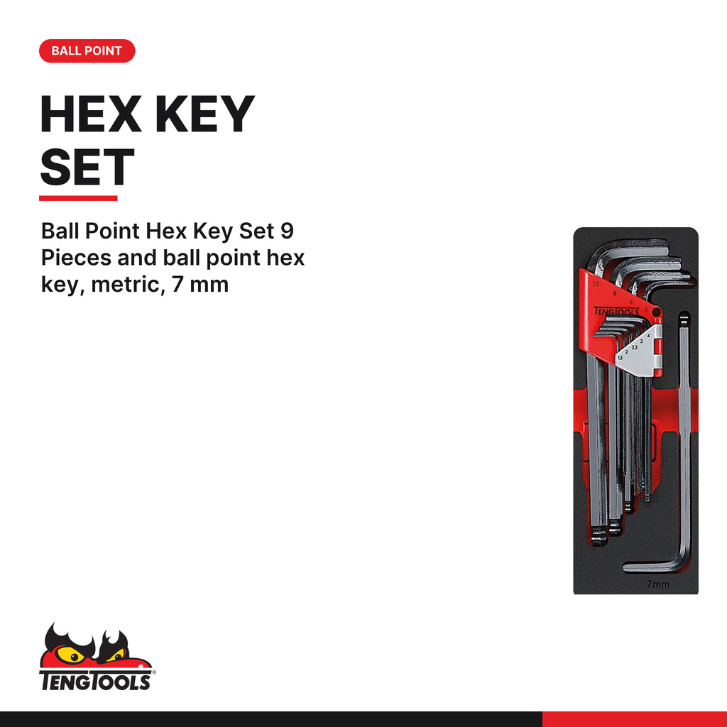 Teng Tools TTEX17 General Tool Set FOAM4X4 37 Pieces, ball Point Hex Key Set 9 Pieces and ball point hex key, metric, 7 mm
