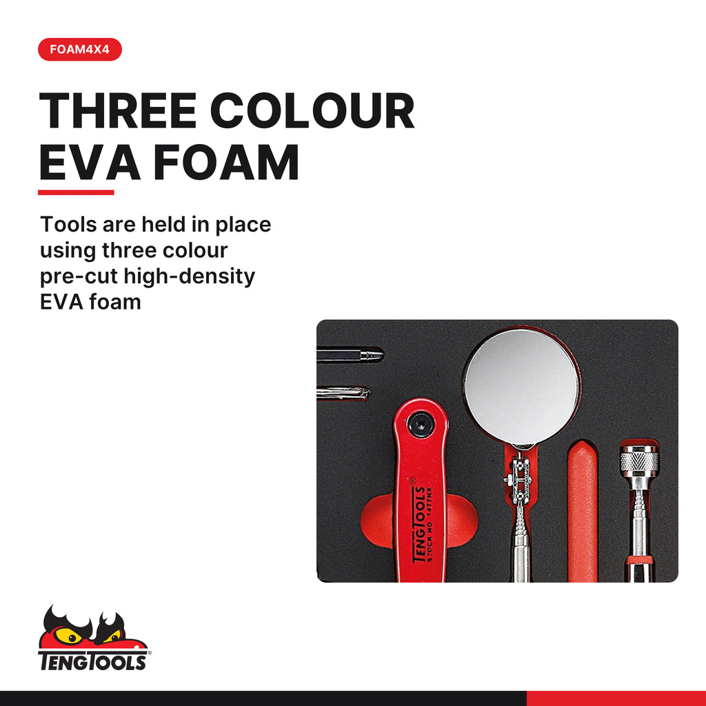 Teng Tools TTEX17 General Tool Set FOAM4X4 37 Pieces, tools are held in place using three colour pre-cut high-density EVA