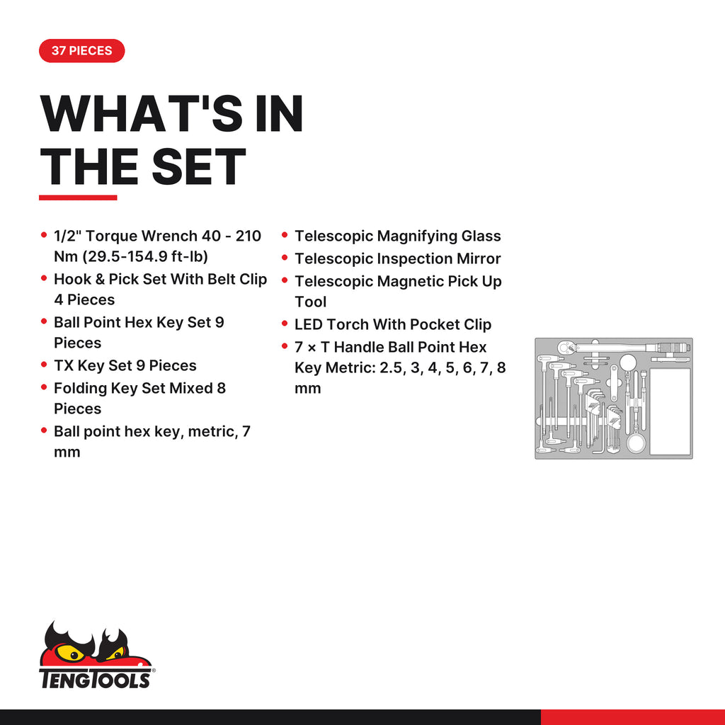 Teng Tools TTEX17 General Tool Set FOAM4X4 37 Pieces, what's in the set