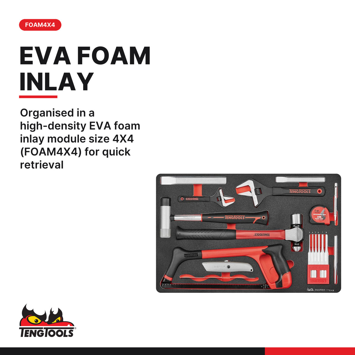 Teng Tools TTEX18 General tool set 18 pieces, organised in a high-density EVA foam inlay module size 4X4 (FOAM4X4) for quick