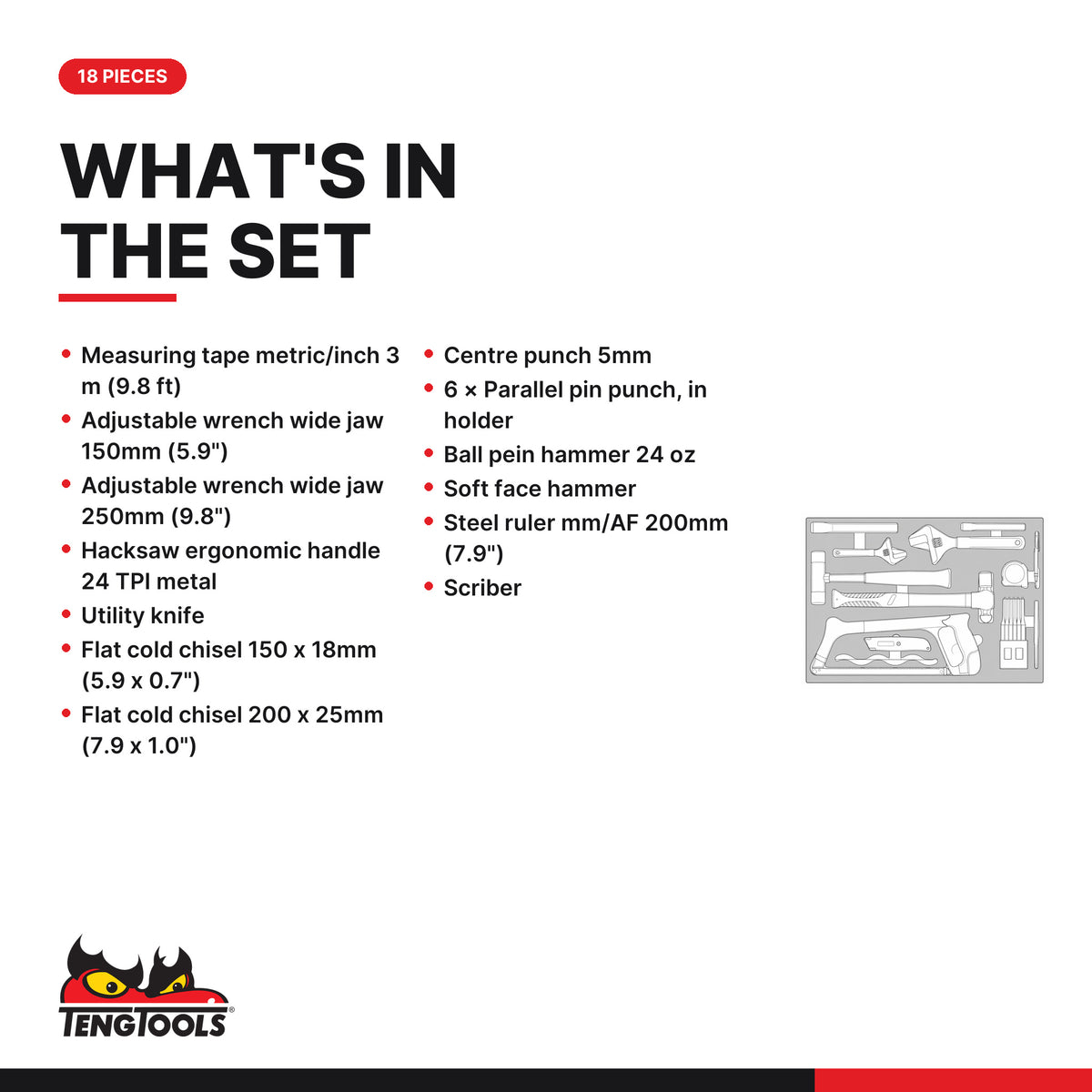 Teng Tools TTEX18 General tool set 18 pieces, what's in the tray