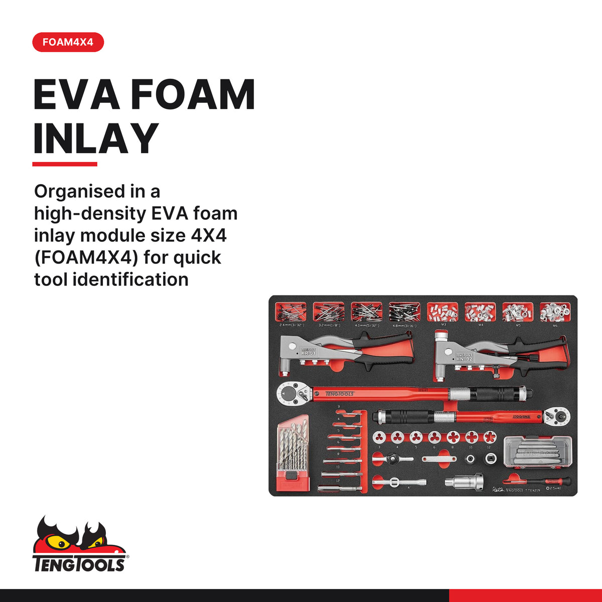 Teng Tools TTEX219 General service tool set FOAM4X4 219 pieces, organised in a high-density EVA foam inlay module size 4X4