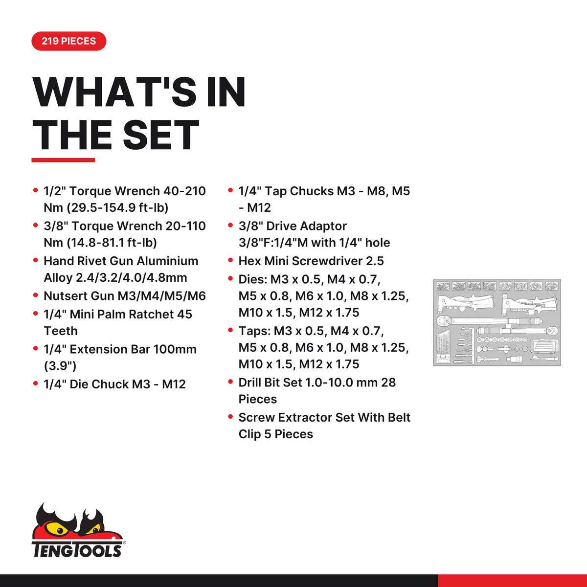 Teng Tools TTEX219 General service tool set FOAM4X4 219 pieces, what's in the set